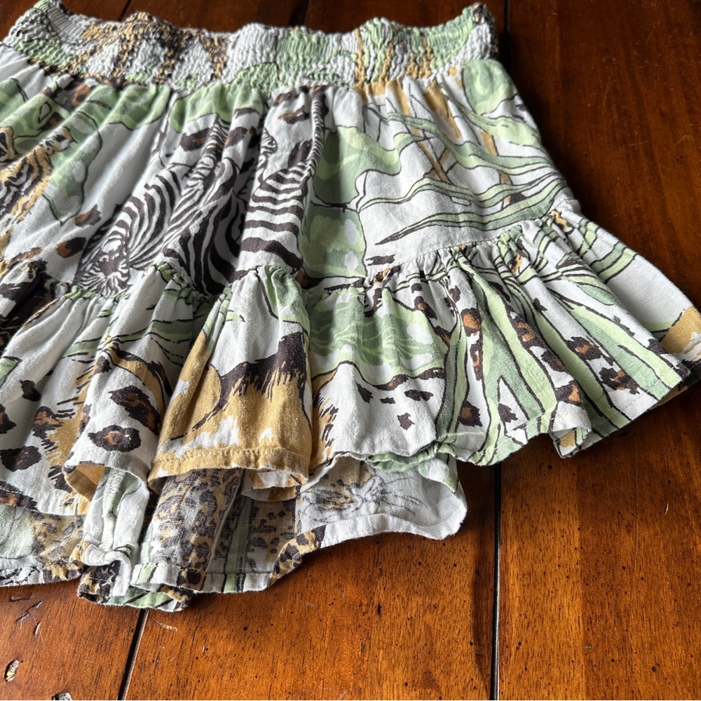 Aerie Linen Jungle Print Hi-Low Mini Skirt Size M | Animal Safari Smocked Waist - Picture 2 of 9